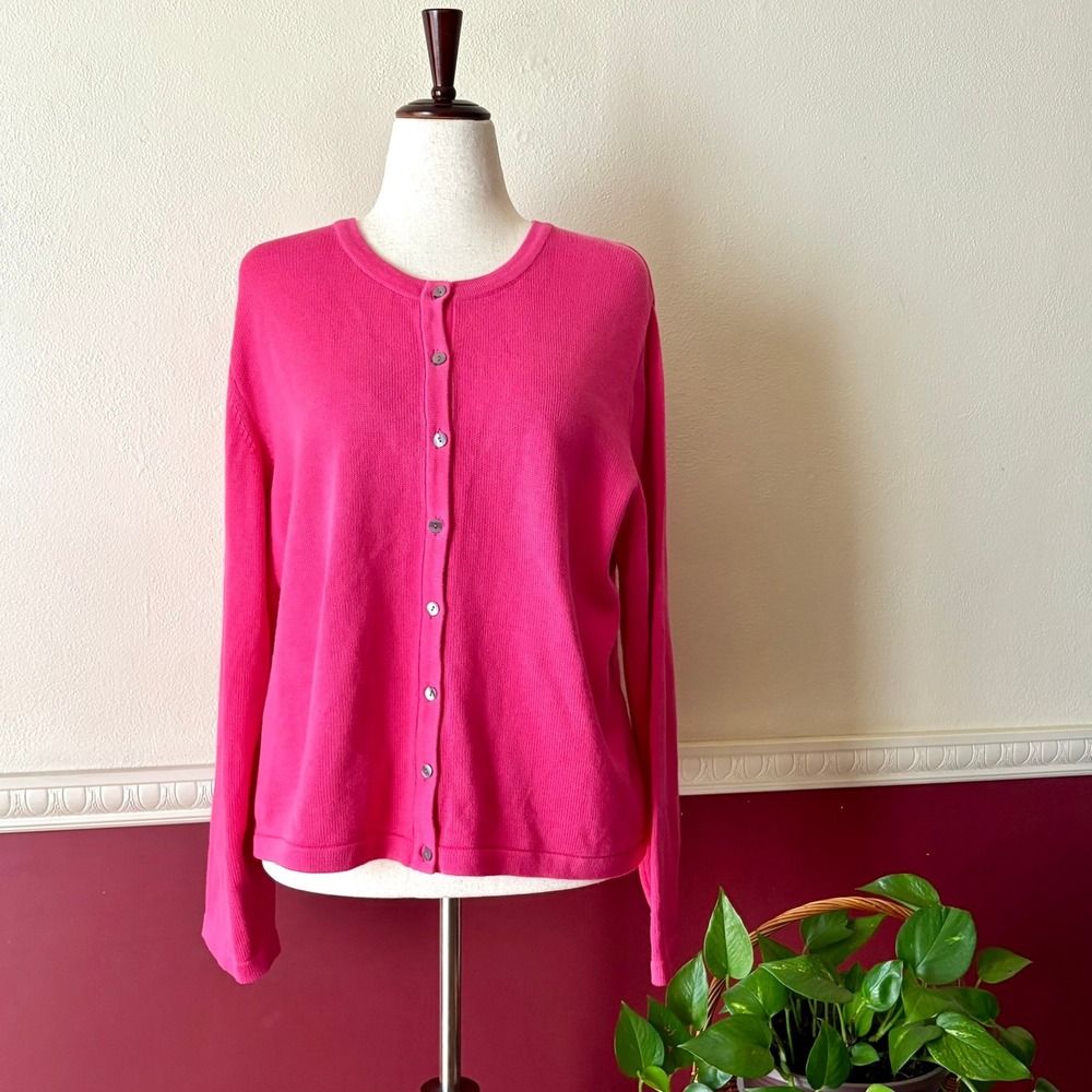 Vintage Foxcroft Pink 100% Cotton Cardigan XL Button Front Crewneck Classic Prep